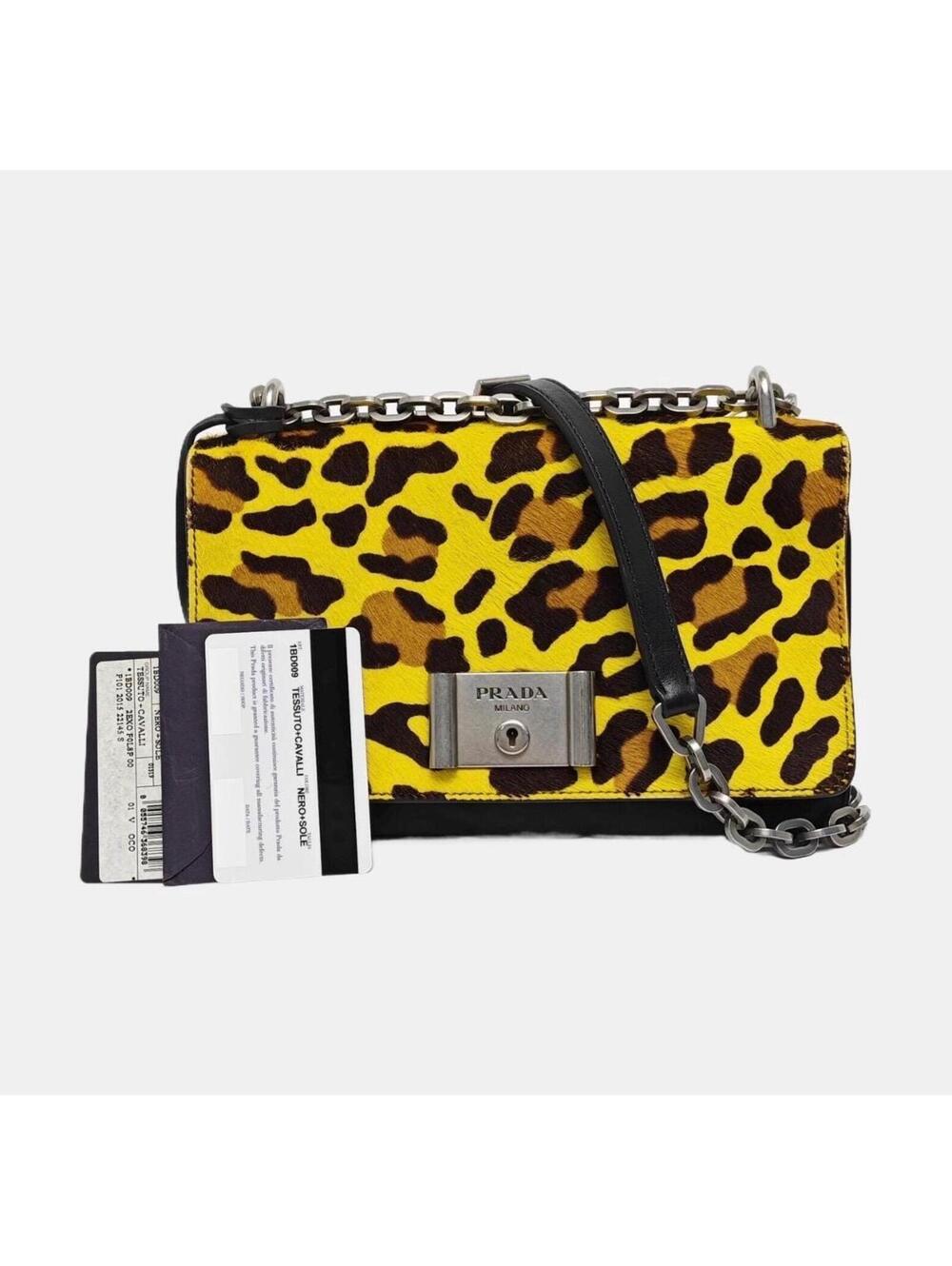 Prada Cahier Leopard Calf Hair Chain Shoulder Bag Yellow Black - Picture 7 of 9